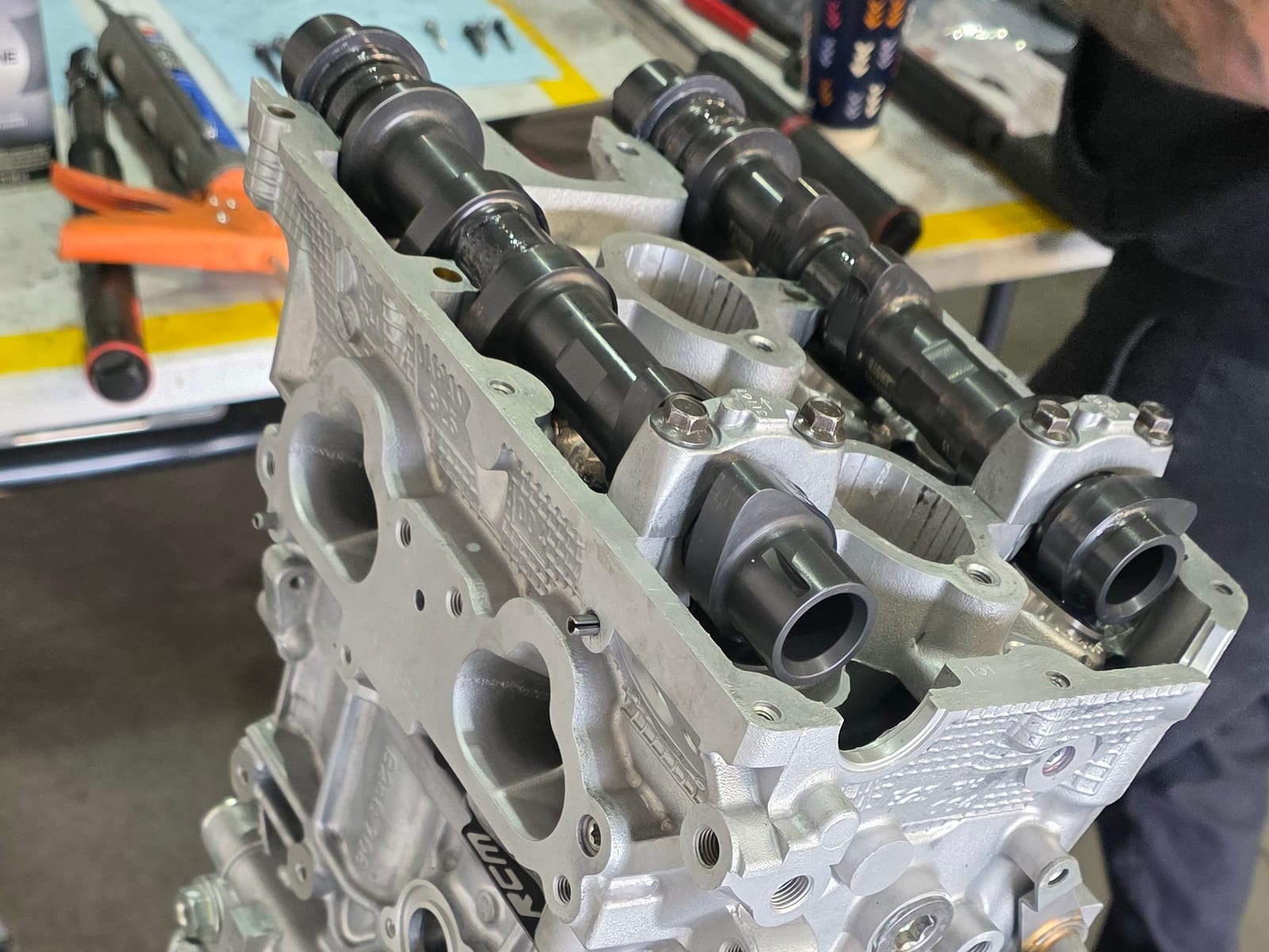 Subaru boxer engine mid-build on the stand
